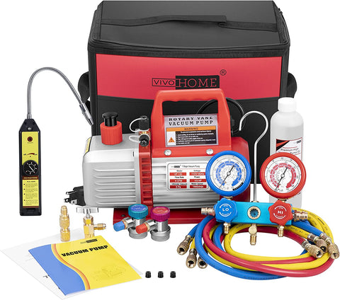 VIVOHOME  Air Vacuum Pump R134a AC Manifold Gauge  Kit 1/3 HP 4CFM Single Stage Rotary Vaneand with Leak Detector Carry Bag VIVOHOME  Air Vacuum Pump R134a AC Manifold Gauge  Kit 1/3 HP 4CFM Single Stage Rotary Vaneand with Leak Detector Carry Bag