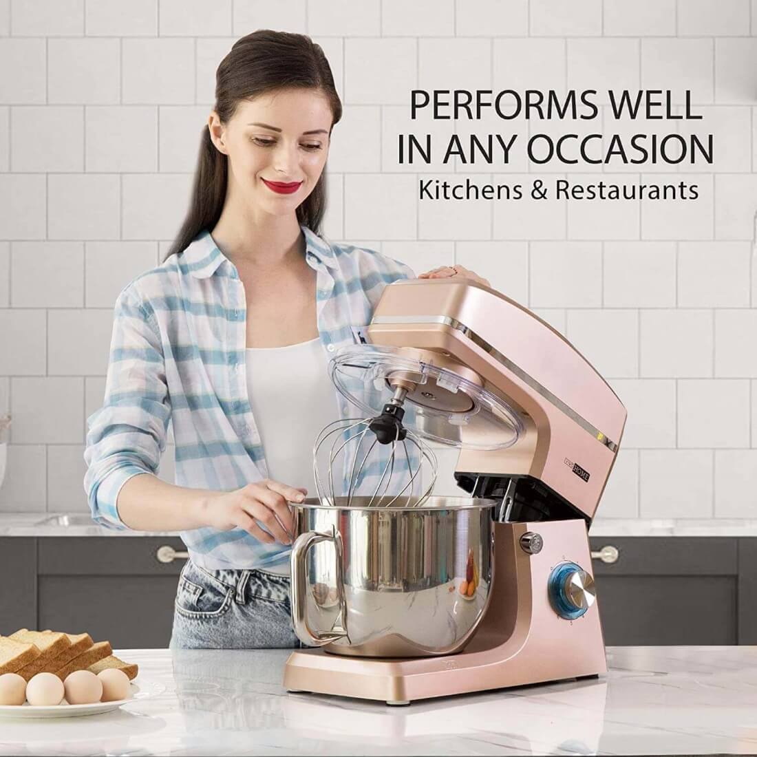 VIVOHOME 7.5 Quart Stand Mixer, 660W 6-Speed Tilt-Head Kitchen Electric Food Mixer with Beater, Dough Hook and Wire Whip, Champagne VIVOHOME 7.5 Quart Stand Mixer, 660W 6-Speed Tilt-Head Kitchen Electric Food Mixer with Beater, Dough Hook and Wire Whip, Champagne