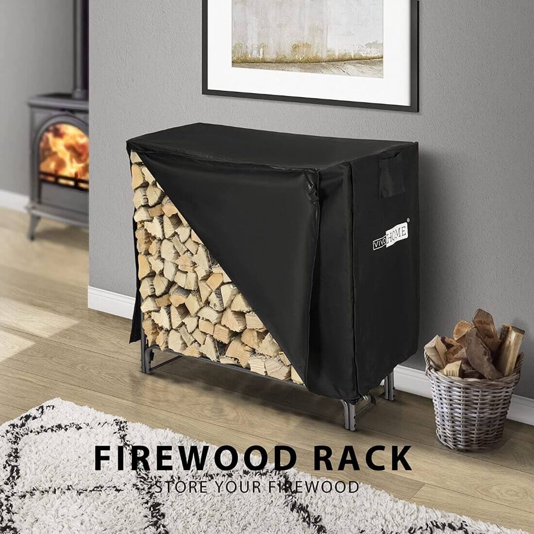 VIVOHOME 4ft Heavy Duty Indoor Outdoor Firewood Storage Log Rack with Cover Combo Set Black VIVOHOME 4ft Heavy Duty Indoor Outdoor Firewood Storage Log Rack with Cover Combo Set Black