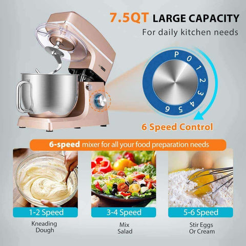 VIVOHOME 7.5 Quart Stand Mixer, 660W 6-Speed Tilt-Head Kitchen Electric Food Mixer with Beater, Dough Hook and Wire Whip, Champagne VIVOHOME 7.5 Quart Stand Mixer, 660W 6-Speed Tilt-Head Kitchen Electric Food Mixer with Beater, Dough Hook and Wire Whip, Champagne