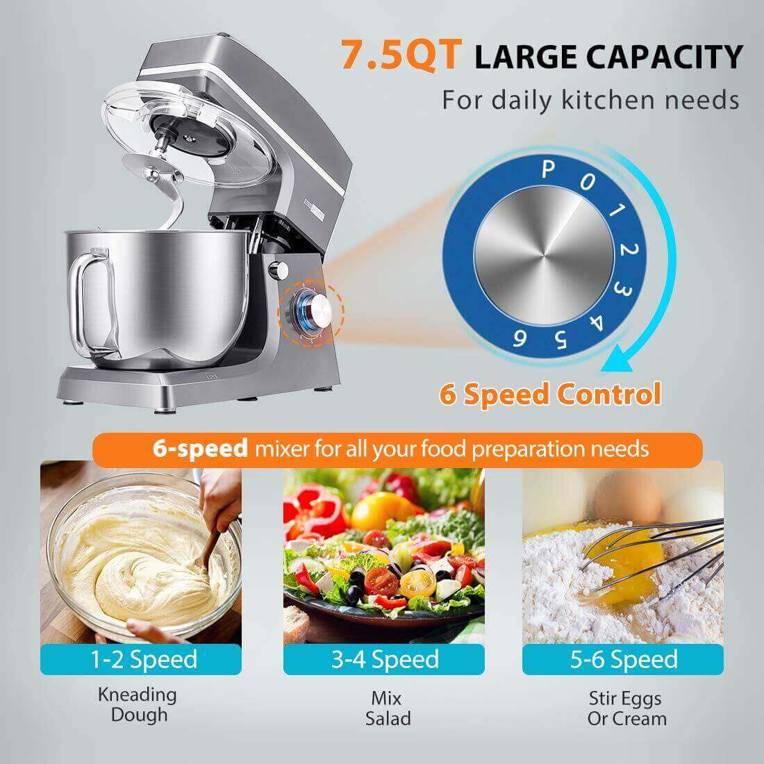 VIVOHOME 7.5 Quart Stand Mixer, 660W 6-Speed Tilt-Head Kitchen Electric Food Mixer with Beater, Dough Hook and Wire Whip, Iron Gray VIVOHOME 7.5 Quart Stand Mixer, 660W 6-Speed Tilt-Head Kitchen Electric Food Mixer with Beater, Dough Hook and Wire Whip, Iron Gray