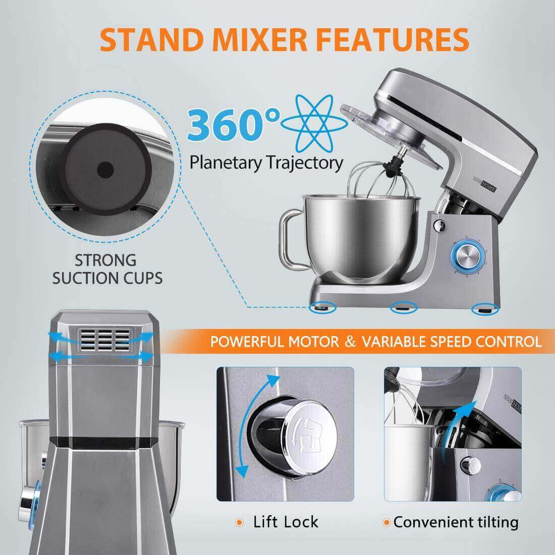 VIVOHOME 7.5 Quart Stand Mixer, 660W 6-Speed Tilt-Head Kitchen Electric Food Mixer with Beater, Dough Hook and Wire Whip, Iron Gray VIVOHOME 7.5 Quart Stand Mixer, 660W 6-Speed Tilt-Head Kitchen Electric Food Mixer with Beater, Dough Hook and Wire Whip, Iron Gray