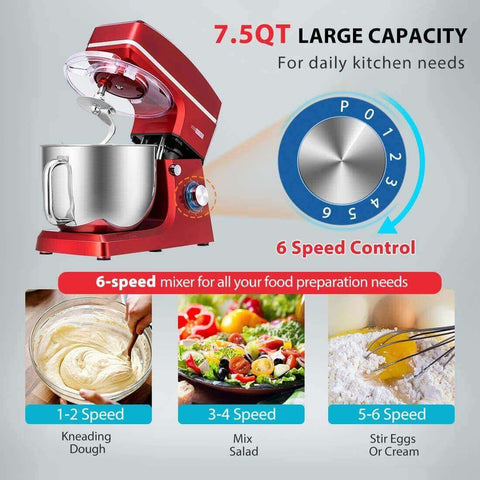 VIVOHOME 7.5 Quart Stand Mixer, 660W 6-Speed Tilt-Head Kitchen Electric Food Mixer with Beater, Dough Hook and Wire Whip, Red VIVOHOME 7.5 Quart Stand Mixer, 660W 6-Speed Tilt-Head Kitchen Electric Food Mixer with Beater, Dough Hook and Wire Whip, Red