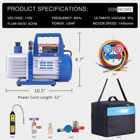VIVOHOME 110V 1/3 HP 4CFM Single Stage Rotary Vane Air Vacuum Pump and R134a AC Manifold Gauge Set Kit with Leak Detector Carry Bag for HVAC Air Conditioning Refrigeration Recharging ETL Listed VIVOHOME 110V 1/3 HP 4CFM Single Stage Rotary Vane Air Vacuum Pump and R134a AC Manifold Gauge Set Kit with Leak Detector Carry Bag for HVAC Air Conditioning Refrigeration Recharging ETL Listed