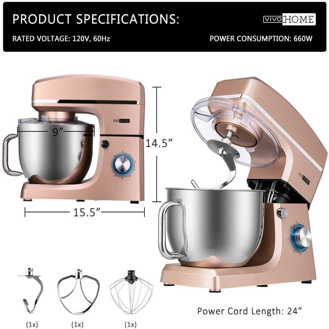 VIVOHOME 7.5 Quart Stand Mixer, 660W 6-Speed Tilt-Head Kitchen Electric Food Mixer with Beater, Dough Hook and Wire Whip, Champagne VIVOHOME 7.5 Quart Stand Mixer, 660W 6-Speed Tilt-Head Kitchen Electric Food Mixer with Beater, Dough Hook and Wire Whip, Champagne