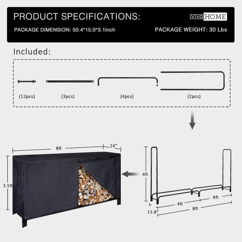 VIVOHOME 8ft Heavy Duty Indoor Outdoor Firewood Storage Log Rack with Cover Combo Set Black VIVOHOME 8ft Heavy Duty Indoor Outdoor Firewood Storage Log Rack with Cover Combo Set Black