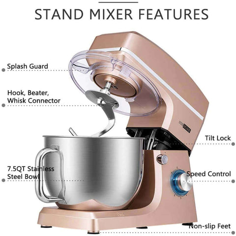 VIVOHOME 7.5 Quart Stand Mixer, 660W 6-Speed Tilt-Head Kitchen Electric Food Mixer with Beater, Dough Hook and Wire Whip, Champagne VIVOHOME 7.5 Quart Stand Mixer, 660W 6-Speed Tilt-Head Kitchen Electric Food Mixer with Beater, Dough Hook and Wire Whip, Champagne