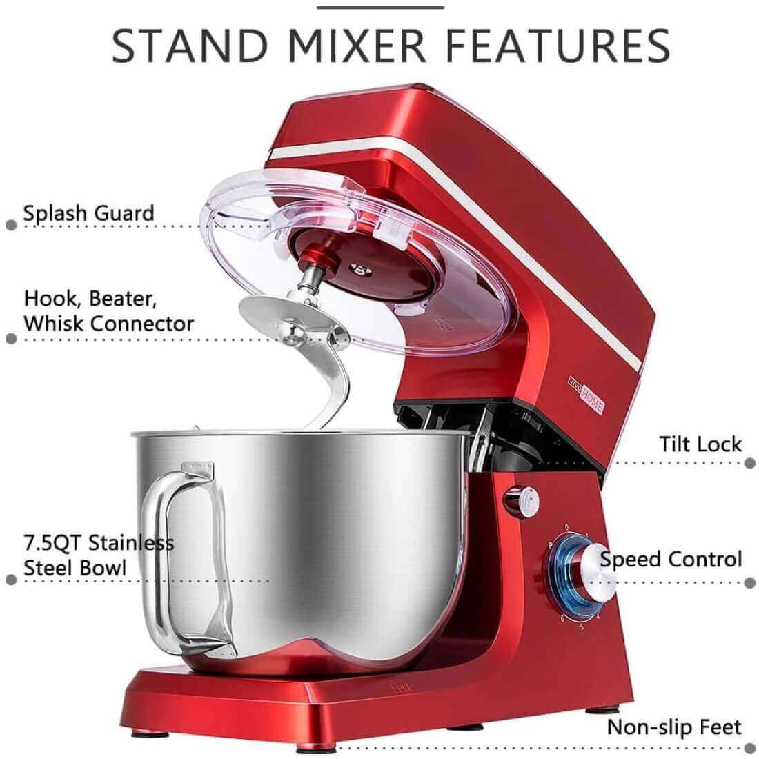 VIVOHOME 7.5 Quart Stand Mixer, 660W 6-Speed Tilt-Head Kitchen Electric Food Mixer with Beater, Dough Hook and Wire Whip, Red VIVOHOME 7.5 Quart Stand Mixer, 660W 6-Speed Tilt-Head Kitchen Electric Food Mixer with Beater, Dough Hook and Wire Whip, Red