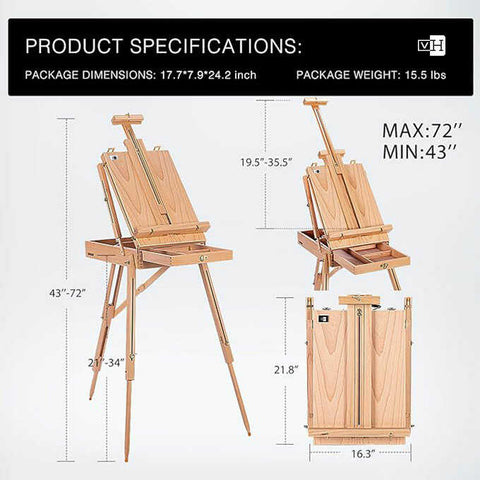 VH French Style Wooden Art Easel Portable Tripod Painting Stand Height Adjustable with Sketch Box and Storage Drawer Palette