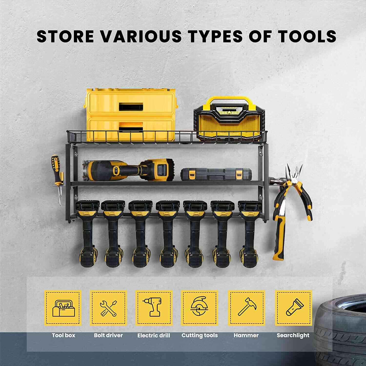 SPECSTAR Power Tool Organizer Wall Mount 3 Layers Heavy Duty Tool Shelf with 7 Drill Holders