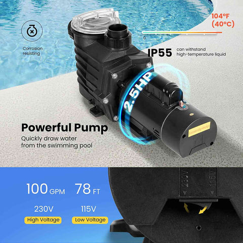 VIVOHOME 2.5 HP Swimming Pool Pump Dual Voltage 1.5 ans 2.0Inch Intlet Energy Saving with Strainer Basket