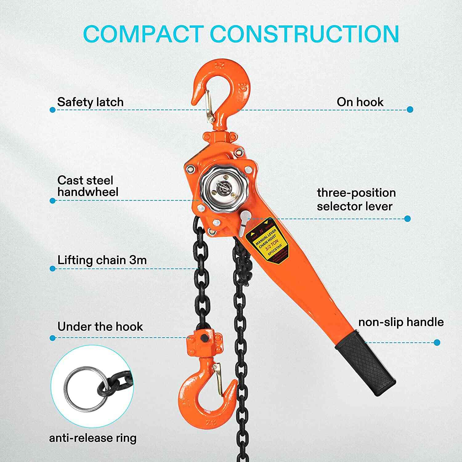 SPECSTAR Lever Chain Hoist with 2 Heavy Duty Hooks