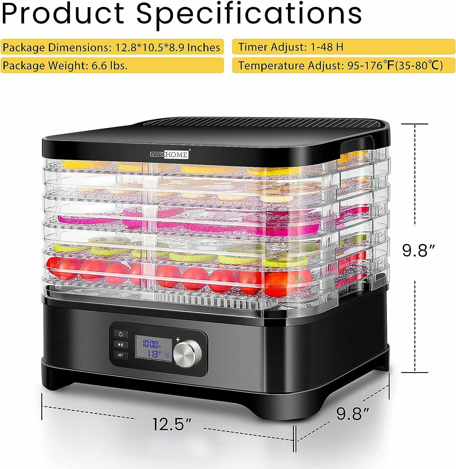 VIVOHOME 5 Trays Food Dehydrator with Timer and Temperature Control