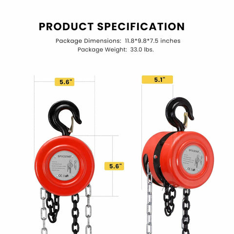 SPECSTAR Hand Chain Hoist with 2 Heavy Duty Hooks