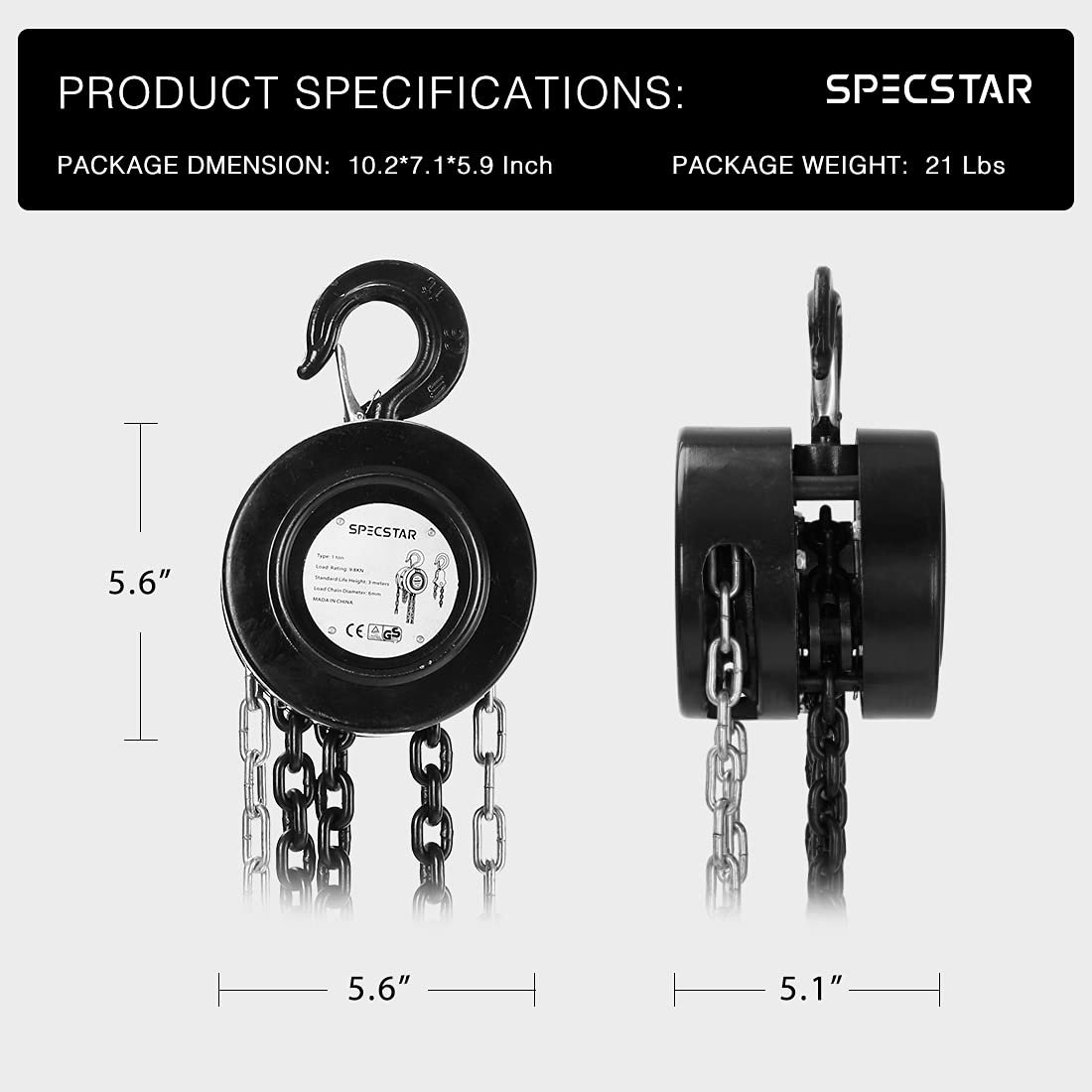 SPECSTAR Hand Chain Hoist with 2 Heavy Duty Hooks