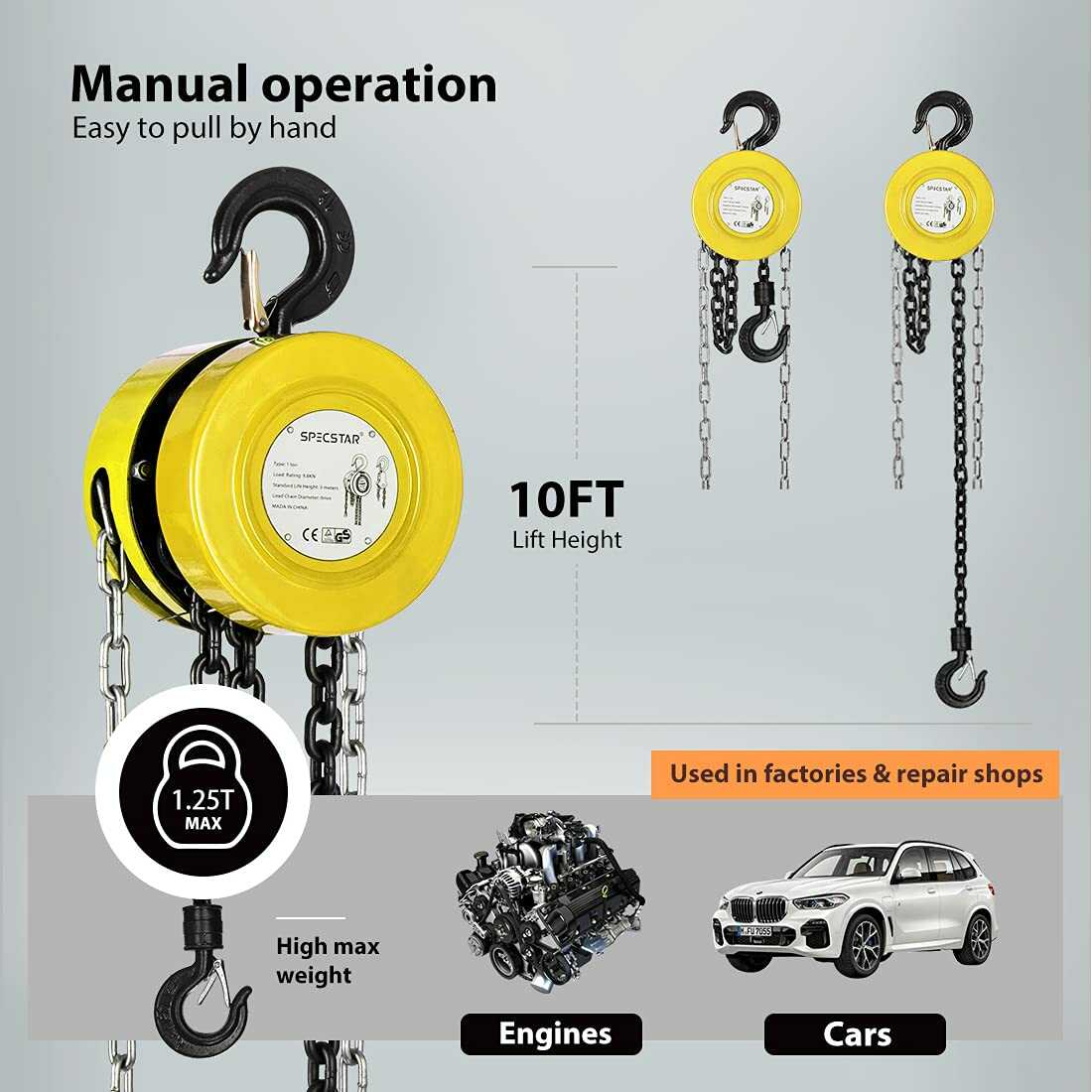 SPECSTAR Hand Chain Hoist with 2 Heavy Duty Hooks