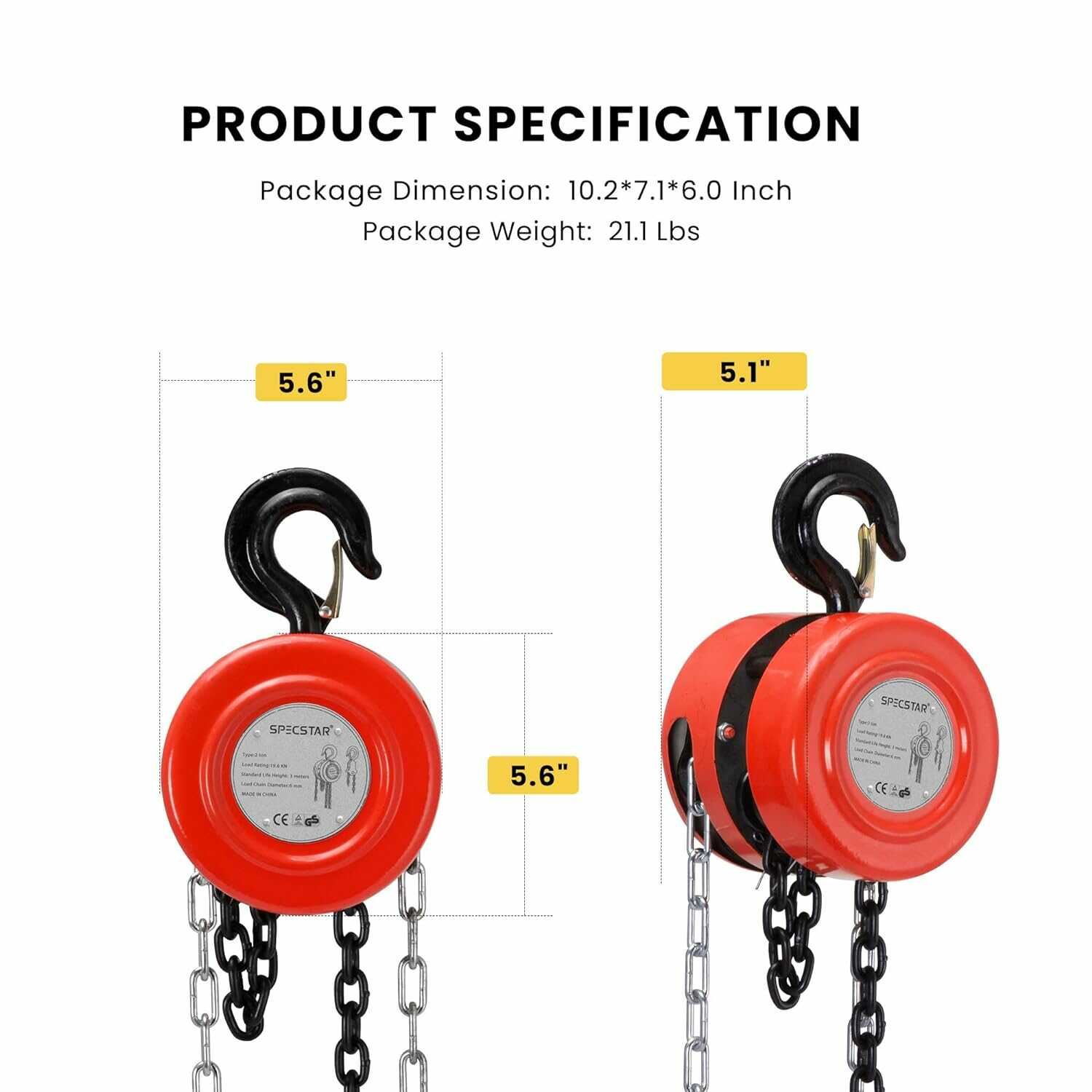 SPECSTAR Hand Chain Hoist with 2 Heavy Duty Hooks