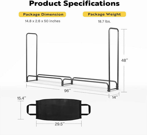 VIVOHOME 8ft Firewood Rack Log Wood Holder with Carrier Bag