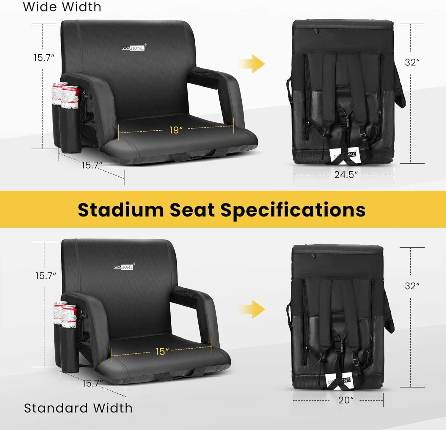 VIVOHOME Foldable Stadium Seat Chair with Backrest and Armrests, Portable Cushions