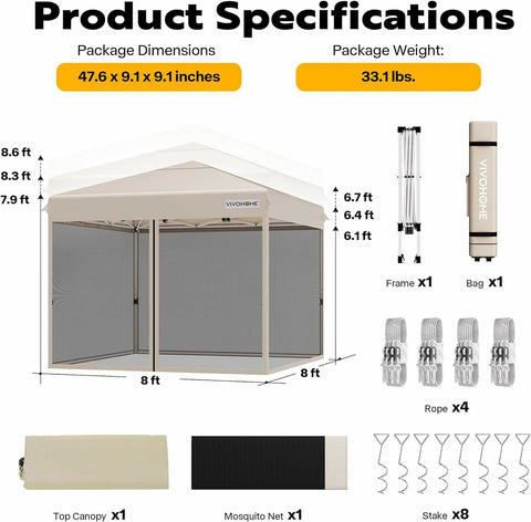 VIVOHOME  Pop-Up Canopy, Outdoor Screen Tent with Mosquito Netting