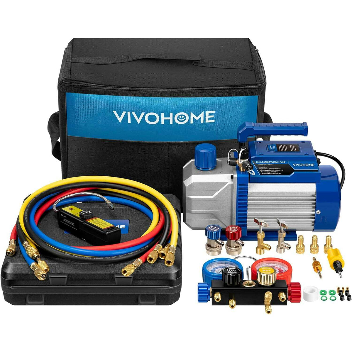 VIVOHOME Single Stage HVAC Vacuum Pump and 4 Way AC Manifold Gauge Set Kit with Leak Detector
