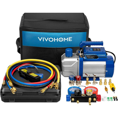 VIVOHOME Single Stage HVAC Vacuum Pump and 4 Way AC Manifold Gauge Set Kit with Leak Detector