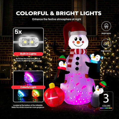 VIVOHOME 6ft Height Christmas Inflatable Snowman with Penguins and Ornment Colorful Rotating Led Lights