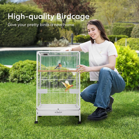 VIVOHOME 30 Inch Height Wrought Iron Bird Cage with Rolling Stand for Parrots Conure Lovebird Cockatiel White