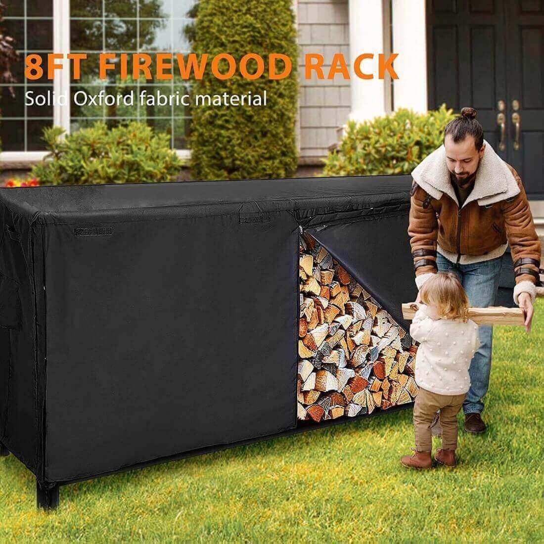 VIVOHOME 8ft Heavy Duty Indoor Outdoor Firewood Storage Log Rack with Cover Combo Set Black