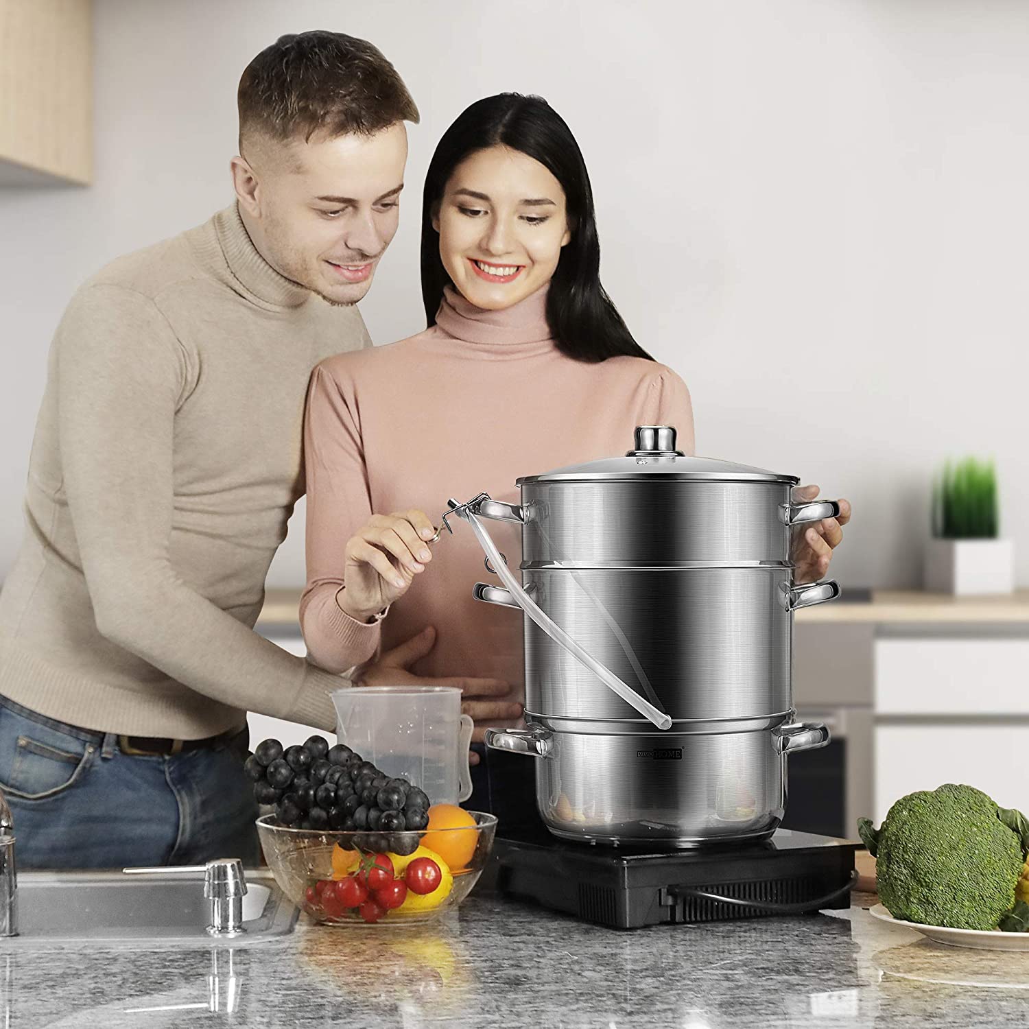 VIVOHOME 24cm 8.5Qt Stainless Steel Juice Steamer Extractor Fruit Vegetables Juicer Steamer Pot with Tempered Glass Lid, Hose, Clamp, Loop Handles