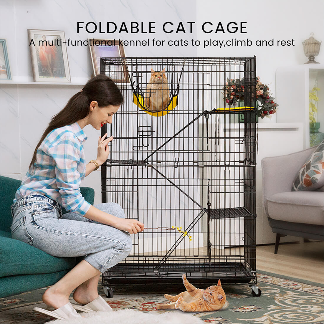  VIVOHOME 4-Tier 49 Inch Collapsible Metal Cat Kitten Ferret Cage 360° Rotating Casters Enclosure Pet Playpen with Ramp Ladders Hammock and Bed