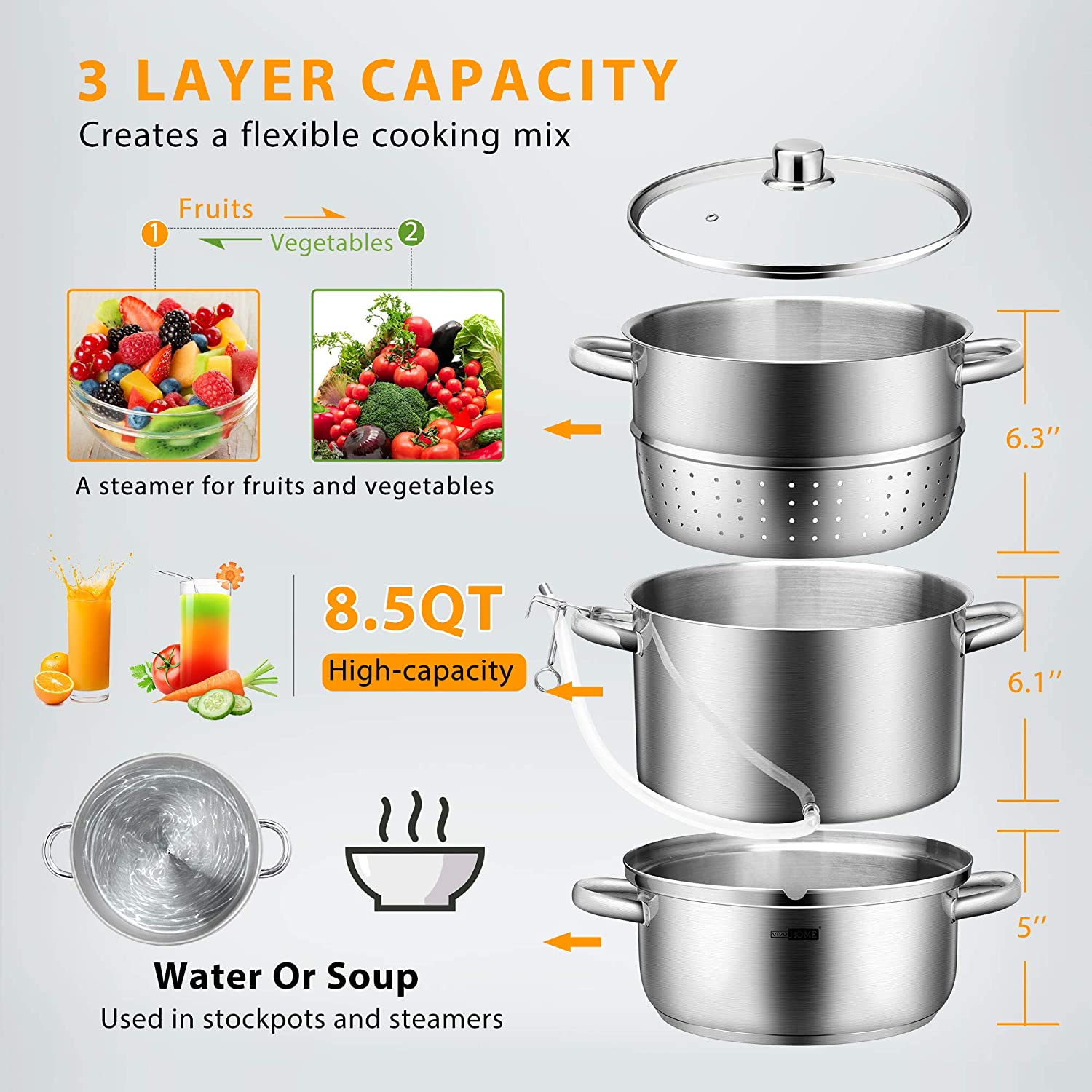 VIVOHOME 24cm 8.5Qt Stainless Steel Juice Steamer Extractor Fruit Vegetables Juicer Steamer Pot with Tempered Glass Lid, Hose, Clamp, Loop Handles