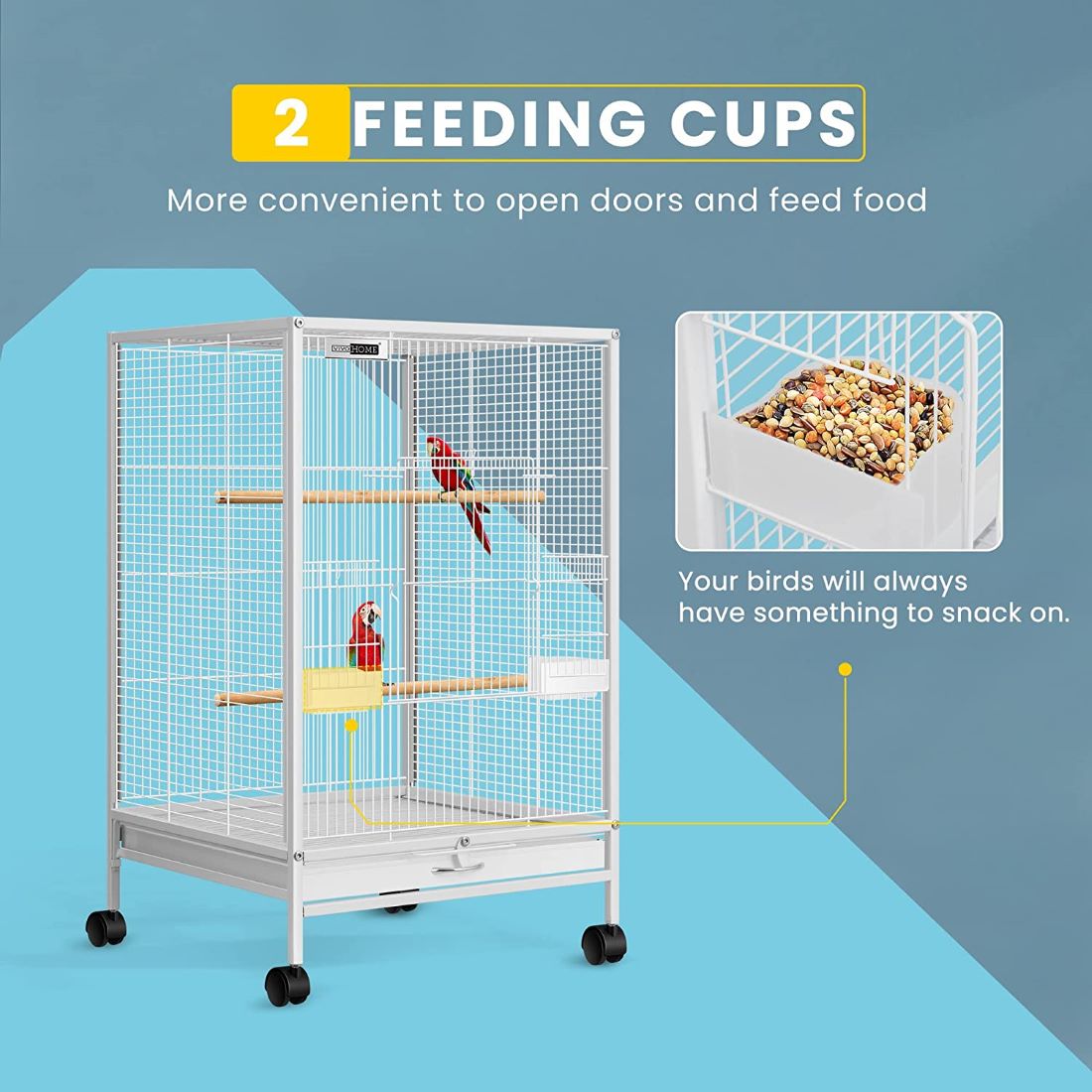 VIVOHOME 30 Inch Height Wrought Iron Bird Cage with Rolling Stand for Parrots Conure Lovebird Cockatiel White