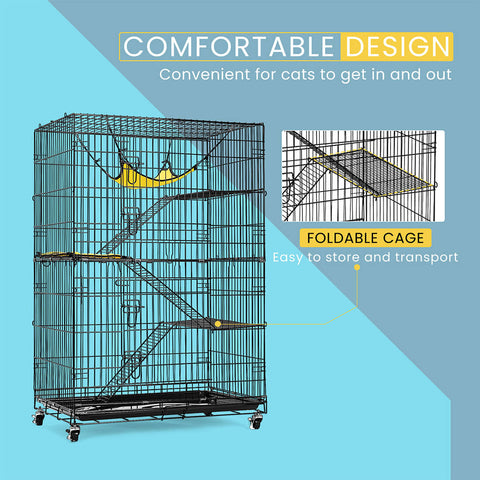  VIVOHOME 4-Tier 49 Inch Collapsible Metal Cat Kitten Ferret Cage 360° Rotating Casters Enclosure Pet Playpen with Ramp Ladders Hammock and Bed