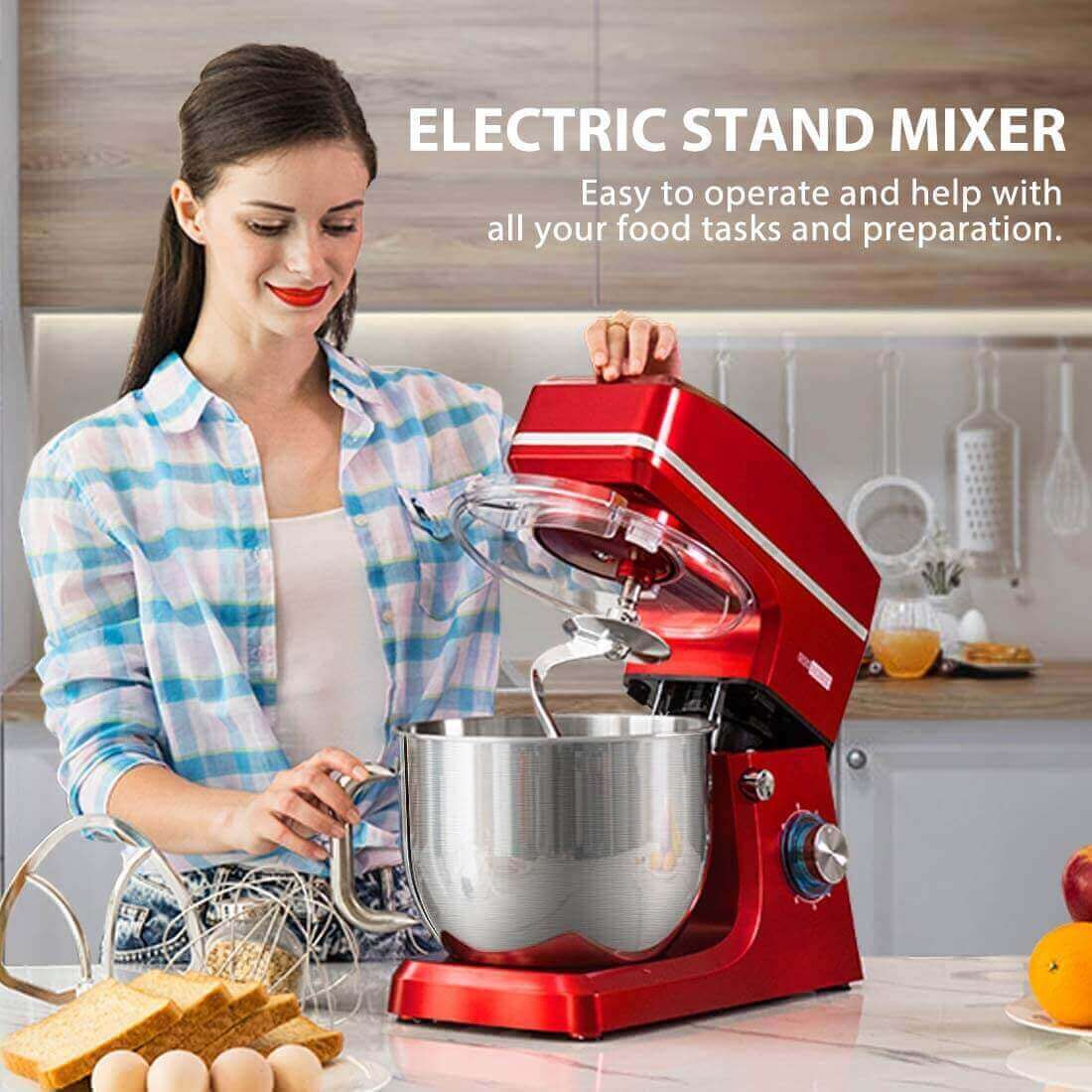 VIVOHOME 7.5 Quart Stand Mixer, 660W 6-Speed Tilt-Head Kitchen Electric Food Mixer with Beater, Dough Hook and Wire Whip, Red