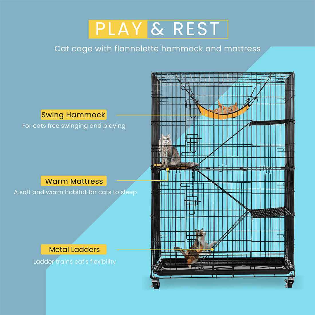  VIVOHOME 4-Tier 49 Inch Collapsible Metal Cat Kitten Ferret Cage 360° Rotating Casters Enclosure Pet Playpen with Ramp Ladders Hammock and Bed