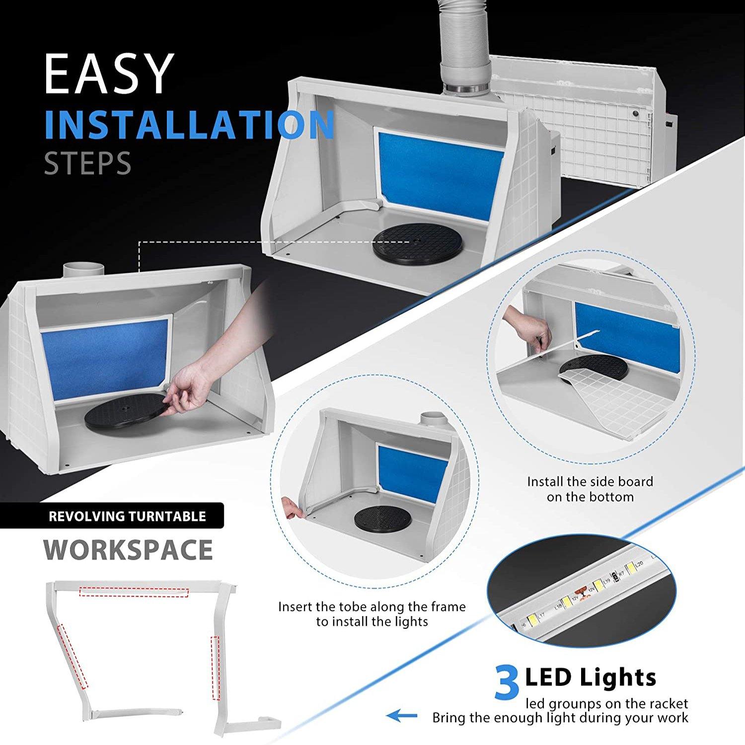 VIVOHOME Dual Fans Portable Airbrush Paint Spray Booth Kit with 3 LED Lights Turn Table and Filter Hose for Model Cake Craft Nail Toy Part Gray