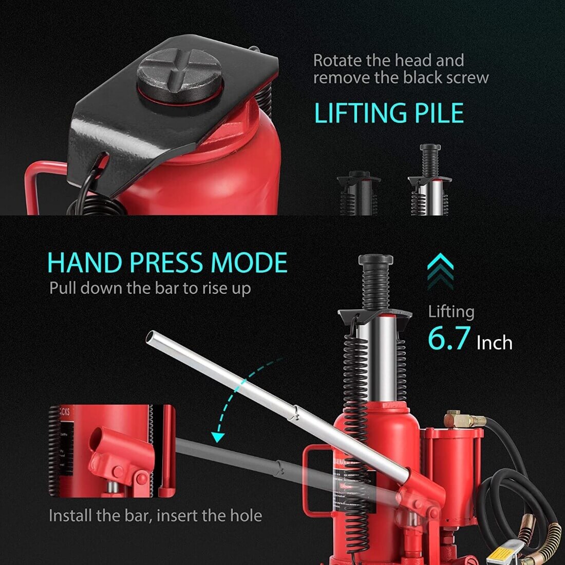 SPECSTAR Pneumatic Air Hydraulic Bottle Jack with Manual Hand Pump 20 Ton Heavy Duty Auto Truck Travel Trailer Repair Lift Red