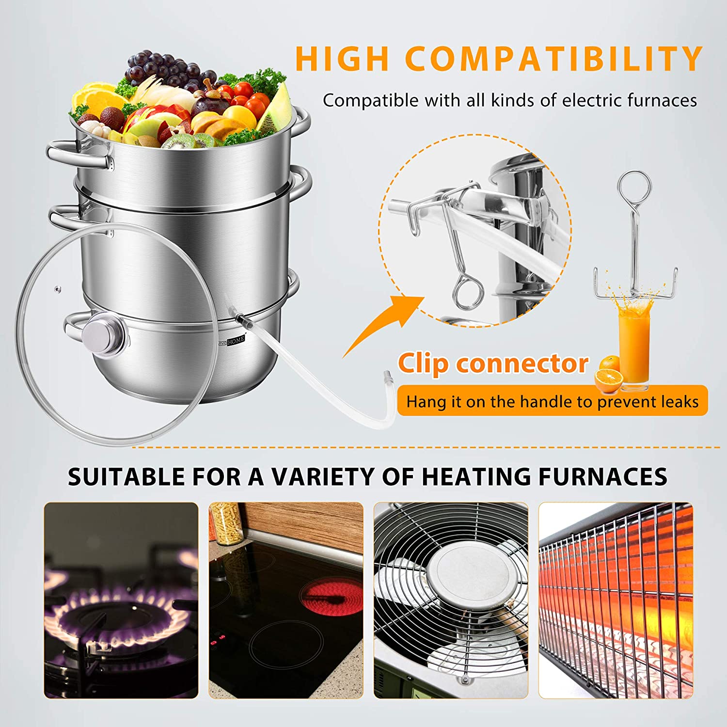 VIVOHOME 24cm 8.5Qt Stainless Steel Juice Steamer Extractor Fruit Vegetables Juicer Steamer Pot with Tempered Glass Lid, Hose, Clamp, Loop Handles