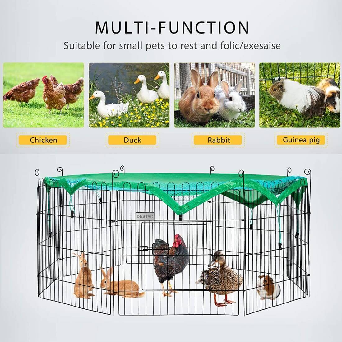  DEStar 8 Panel Foldable Outdoor Backyard Metal Coop Chicken Cage Enclosure Duck Rabbit Cat Crate Playpen Exercise Pen with Weather Proof Cover