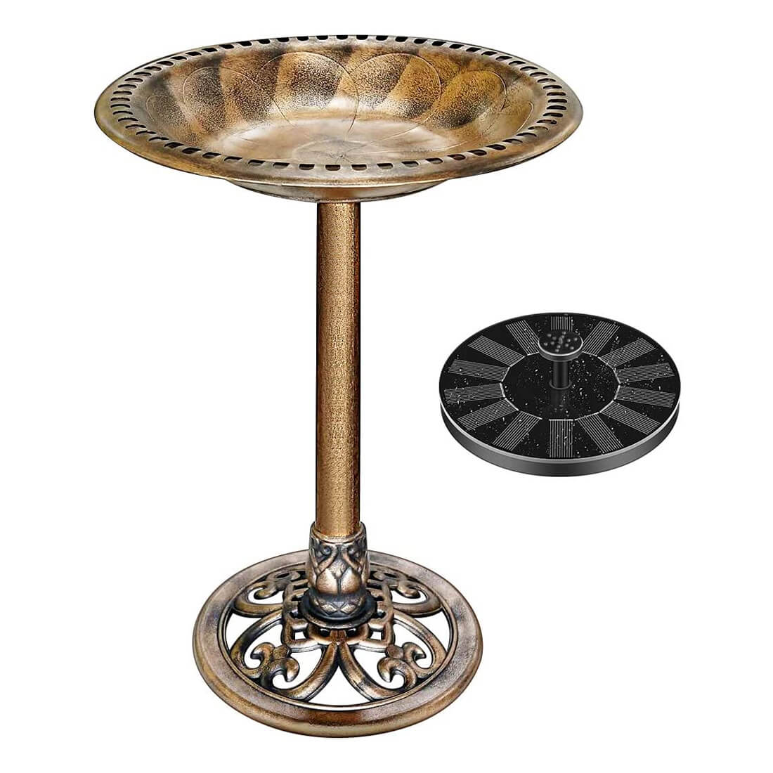 VIVOHOME Polyresin Antique Outdoor Copper Garden Bird Bath and Solar Powered Round Pond Fountain Combo Set