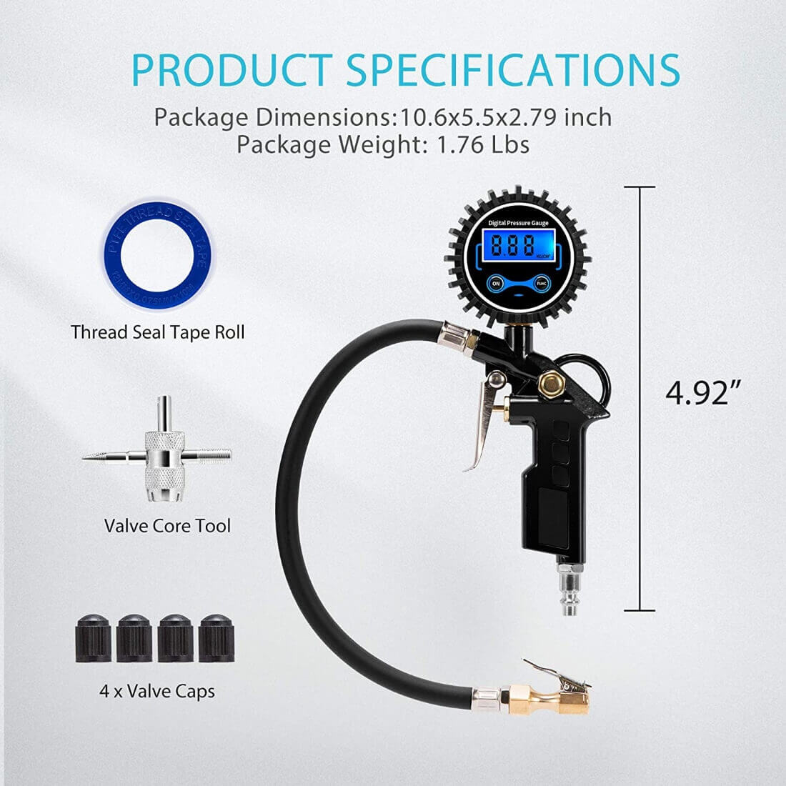 SPECSTAR 2 Pack Digital Tire Inflator with Pressure Gauge, Night Available 250 PSI Air Chuck and Compressor Accessories with Rubber Hose and Quick Connect Attachment for 0.1 Display Resolution