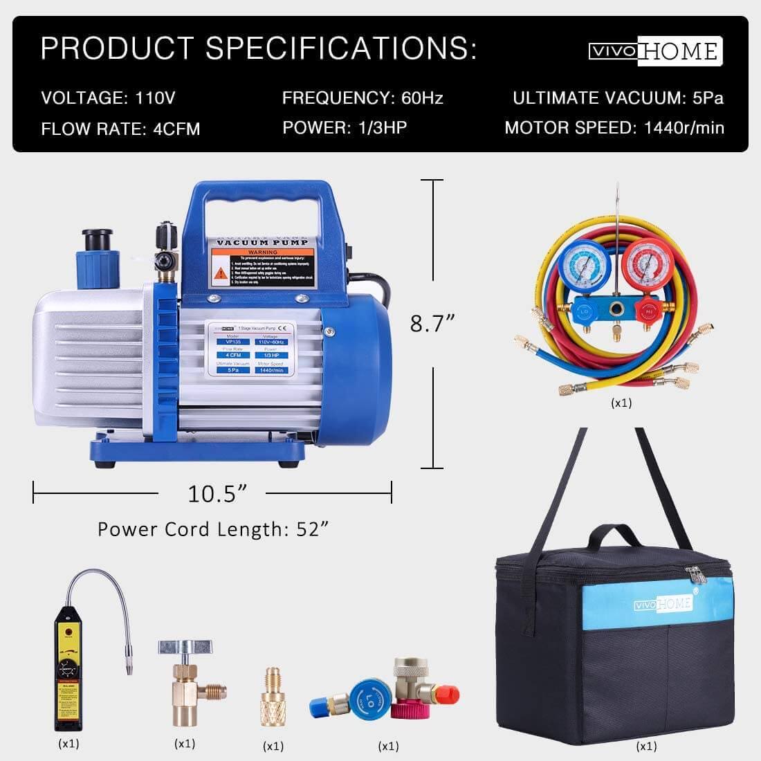 VIVOHOME 110V 1/3 HP 4CFM Single Stage Rotary Vane Air Vacuum Pump and R134a AC Manifold Gauge Set Kit with Leak Detector Carry Bag for HVAC Air Conditioning Refrigeration Recharging ETL Listed