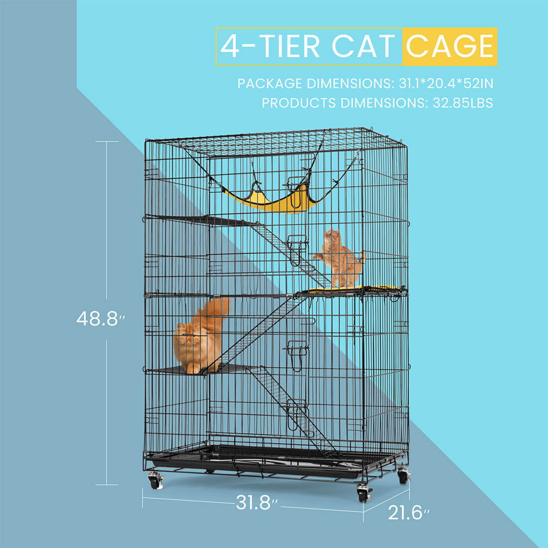  VIVOHOME 4-Tier 49 Inch Collapsible Metal Cat Kitten Ferret Cage 360° Rotating Casters Enclosure Pet Playpen with Ramp Ladders Hammock and Bed