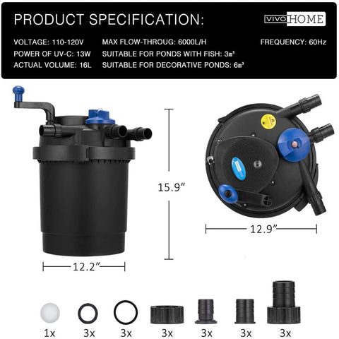 VIVOHOME Pressurized Biological Pond Filter with 13-watt UV Light, Up to 1600 Gallons