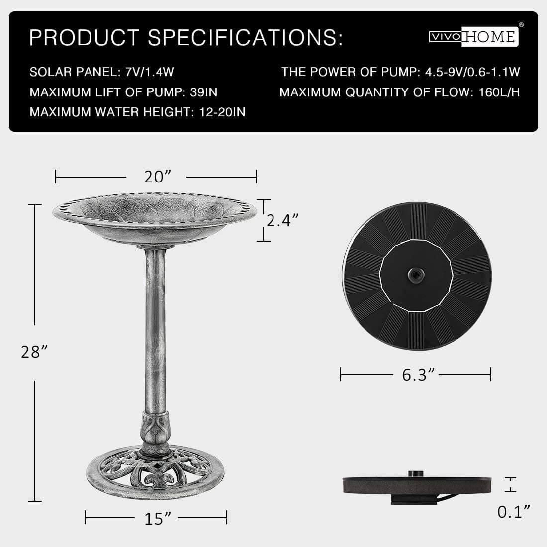 VIVOHOME Polyresin Antique Outdoor Gray Garden Bird Bath and Solar Powered Round Pond Fountain Combo Set