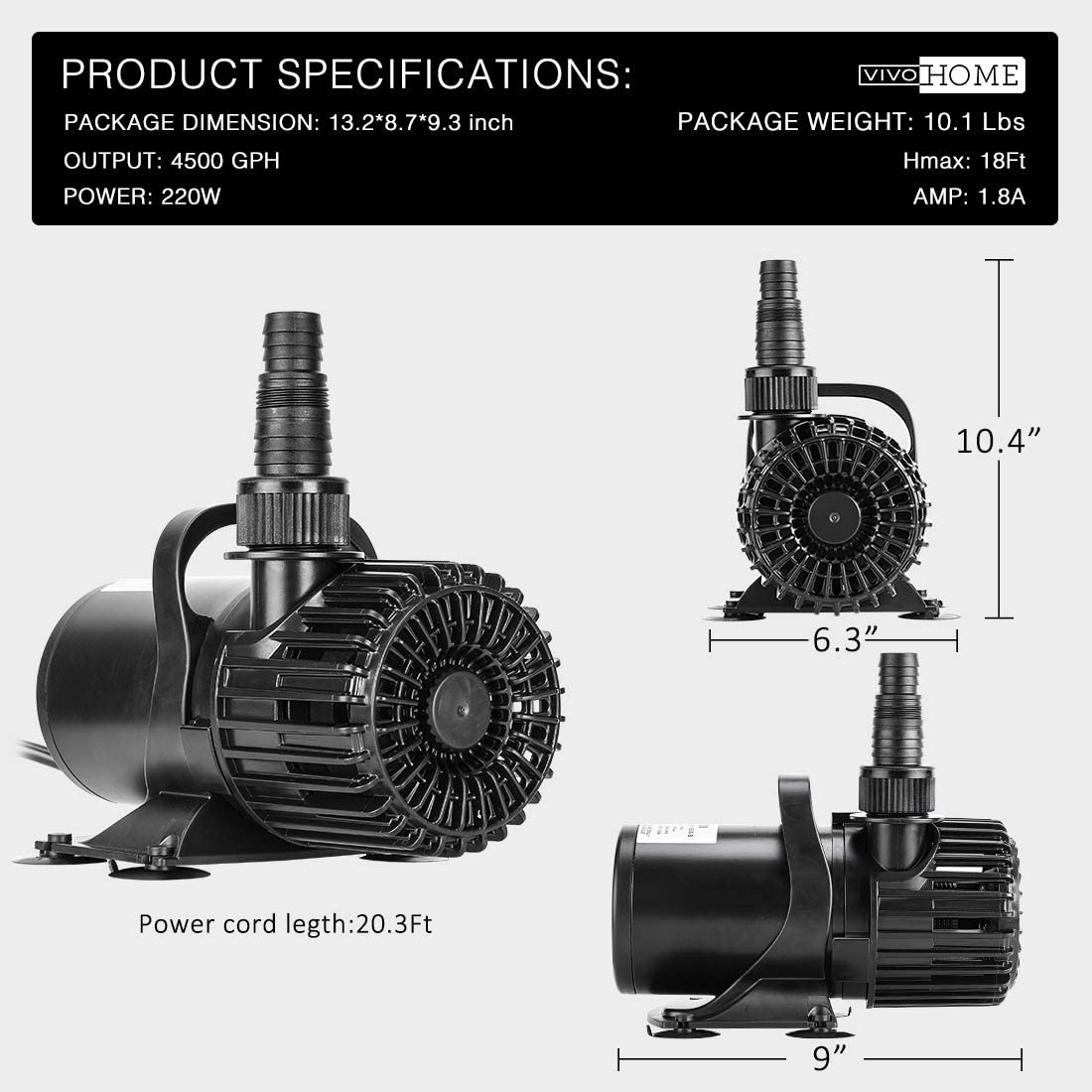 VIVOHOME Electric Submersible Water Pump for Waterfall Fountains Fish Tank and Aquarium 4500 GPH / 220W