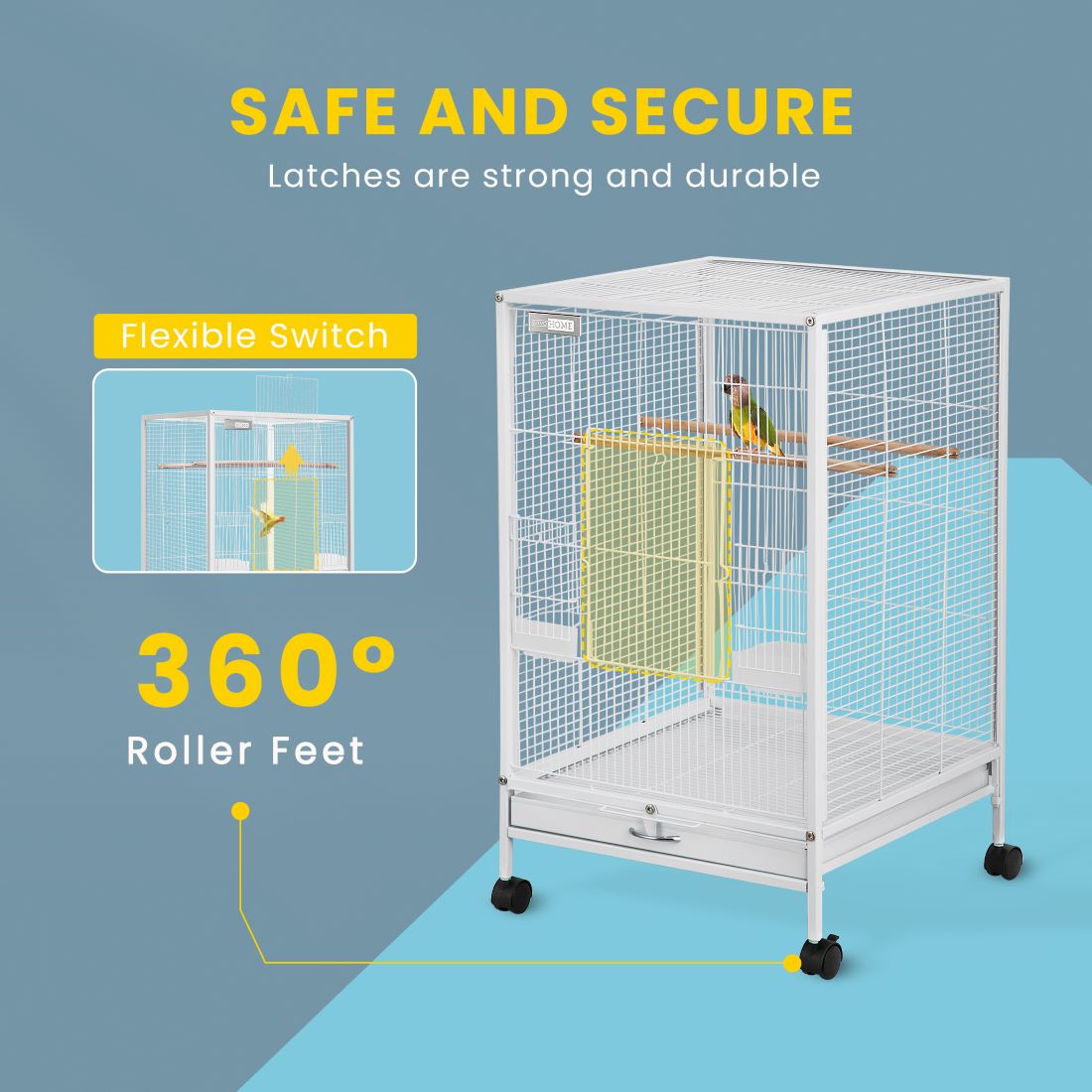 VIVOHOME 30 Inch Height Wrought Iron Bird Cage with Rolling Stand for Parrots Conure Lovebird Cockatiel White