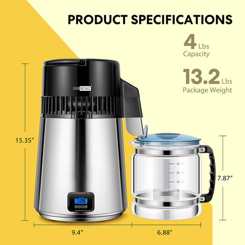 VIVOHOME Digital Control 4L 750W 304 Stainless Steel Water Distiller Countertop with LCD Screen Distilled Water Machine for Home Office