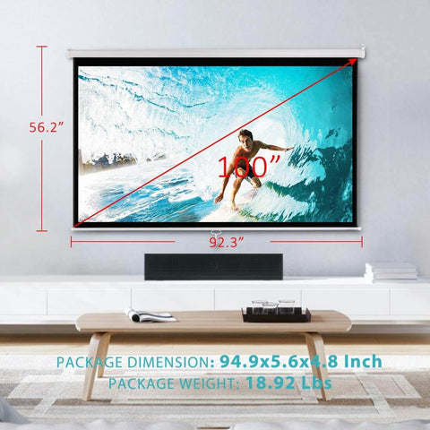 VIVOHOME 100 Inch Manual Pull Down Projector Screen, 16:9 HD Retractable Widescreen for Movie Home Theater Cinema Office Video Game